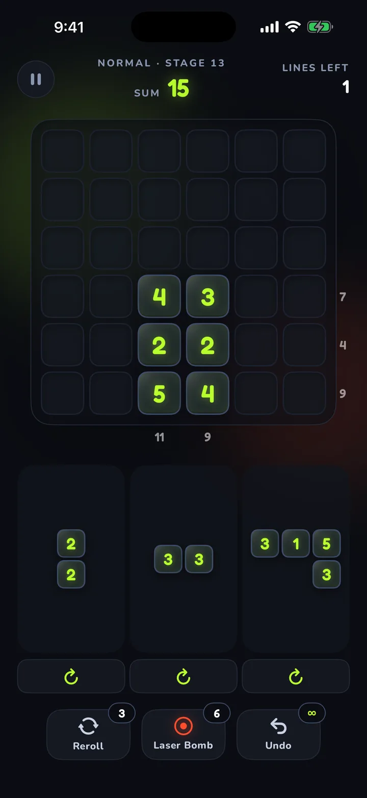 Sum Drop board with number pieces on a 6×6 grid and three pieces ready to drop