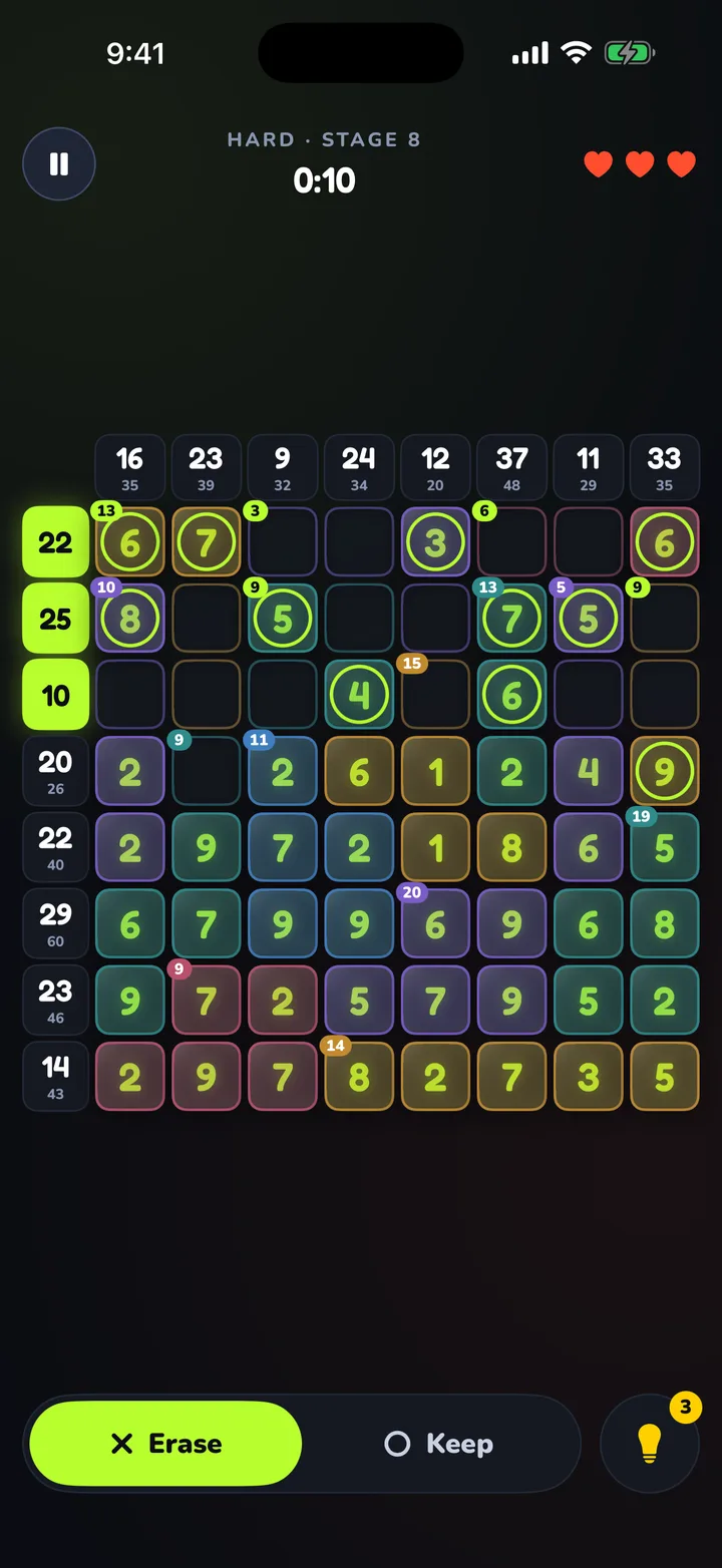 Sum Erase grid with a target sum for every row and column and an Erase button