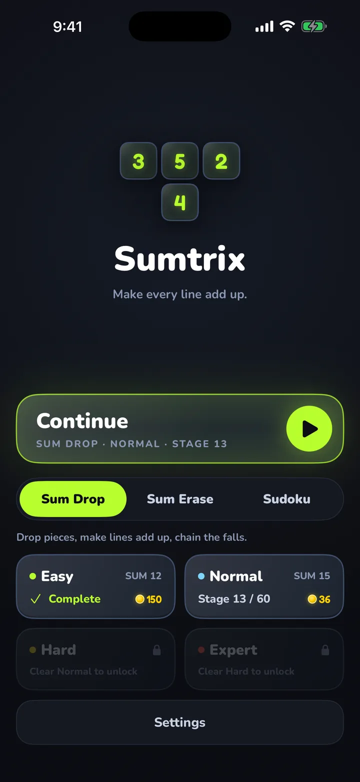 Sumtrix home screen with three modes: Sum Drop, Sum Erase and Sudoku