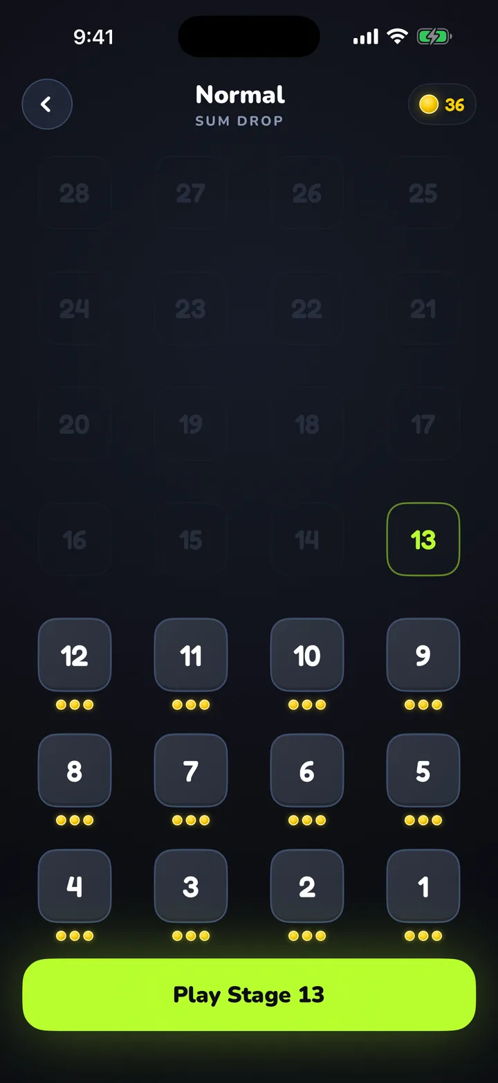 The Normal stage list with cleared stages and stage 13 ready to play