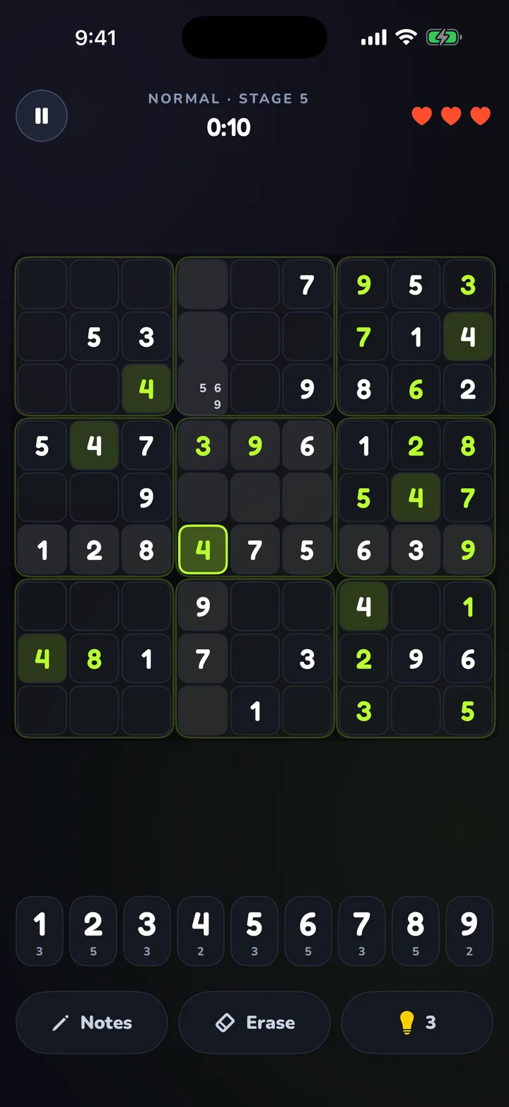 A Sudoku puzzle on a 9×9 grid with a number pad, notes and hint buttons